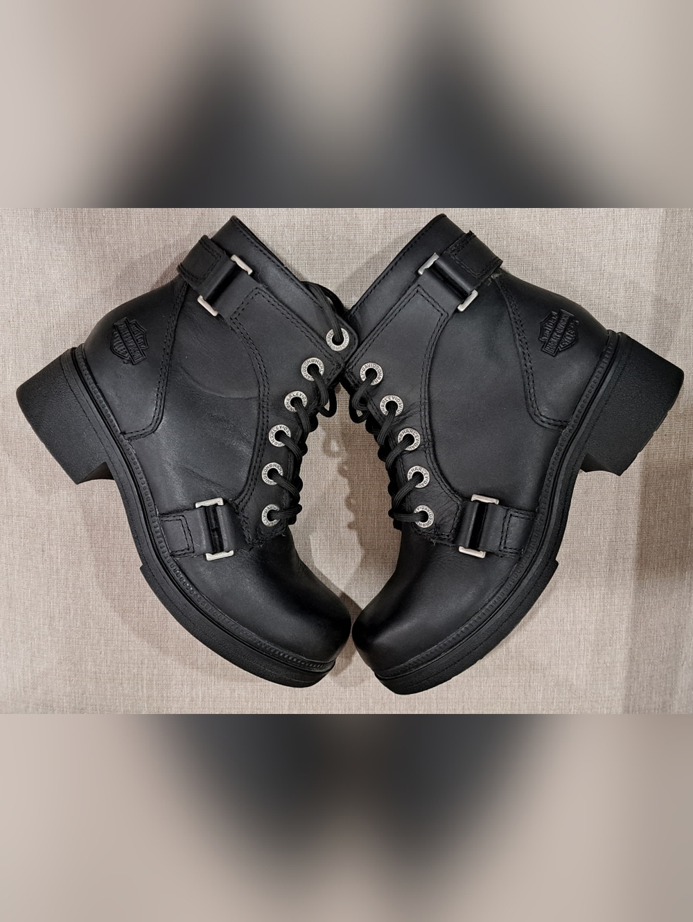 Harley-Davidson Black Leather Lace-Up Ankle Boots with Buckles- Women's Size 6